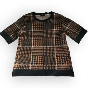 Tahari short sleeve brown black white houndstooth sweater shirt, Size L